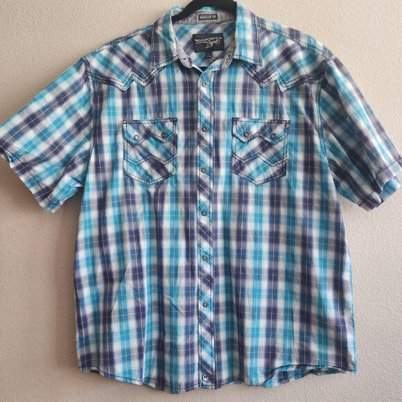 Moonshine Spirit Shirt Mens Medium Blue Plaid Short Sleeve Western Pearl Snap - Picture 1 of 11